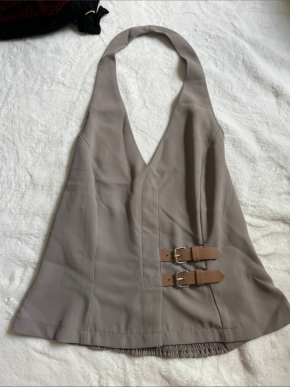 Womens Taupe Halter Top with Buckle Accents